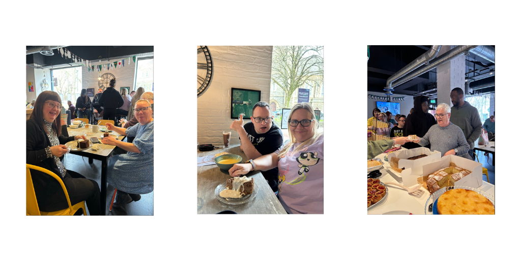 Pictures of people in the Social Bean enjoying the cake